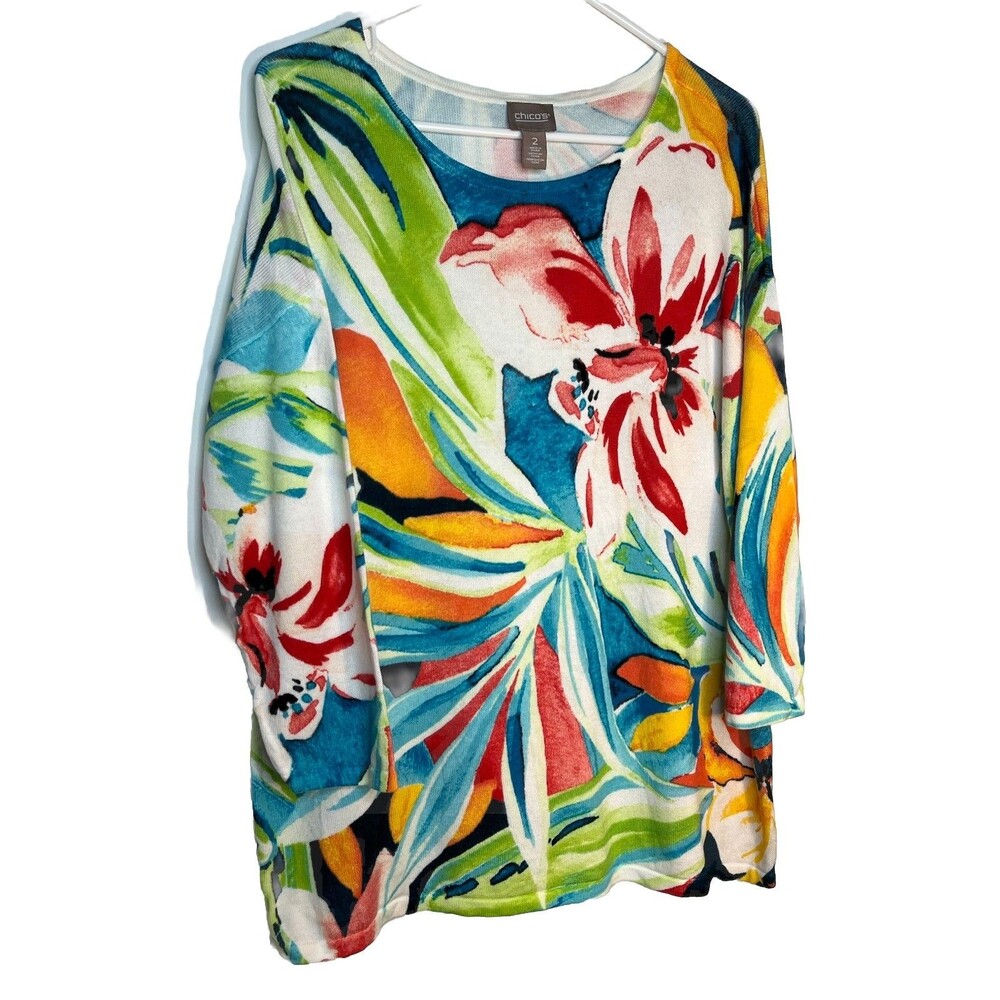 Chicos Art Swirl Vibrant Floral 2 L Long Sleeve Top cotton (15)